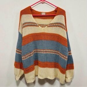 Altar'd State Rust, Blue & Cream Striped V-Neck Sweater
